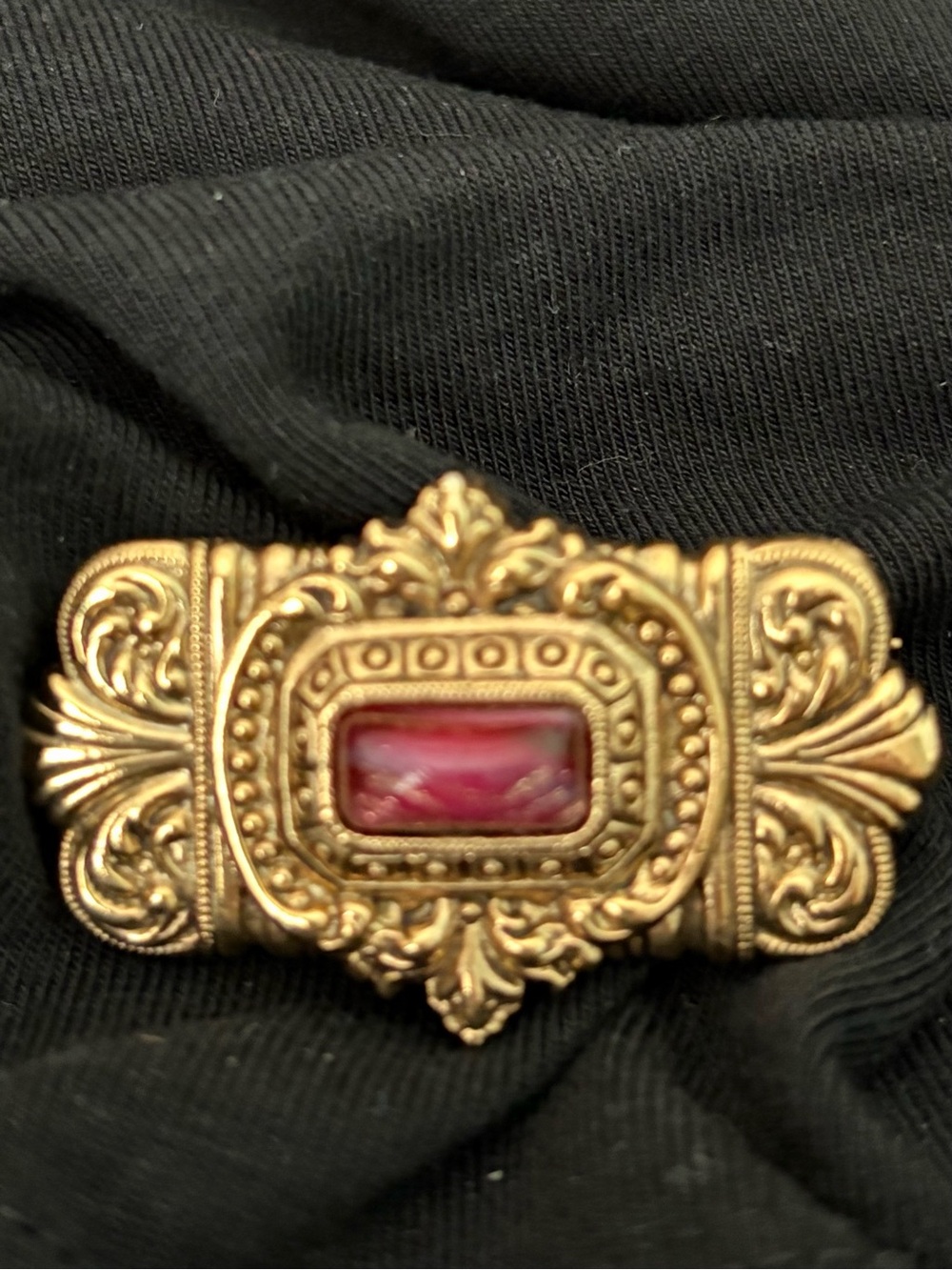 Gold-Tone Vintage Ornate Brooch with Pink Stone
